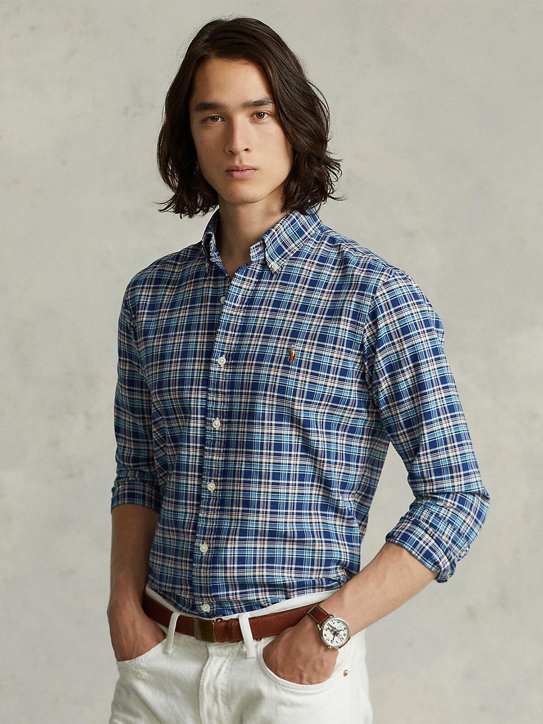 

Polo Ralph Lauren Men Custom Fit Tartan Checked Cotton Casual Shirt, Blue