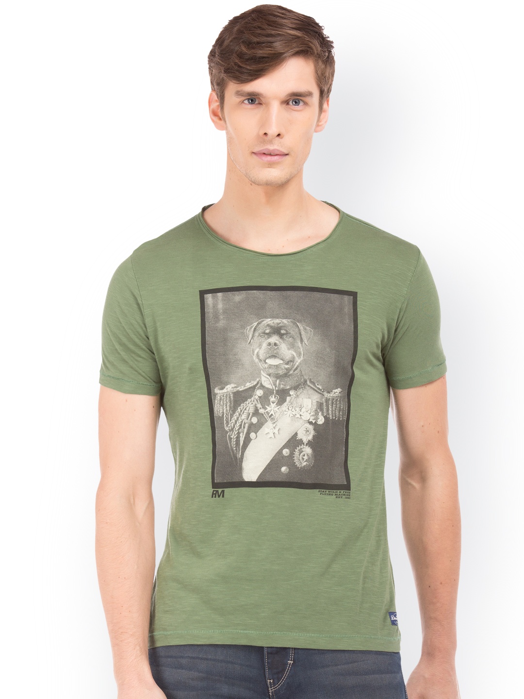 

Flying Machine Men Olive Green Printed Round Neck T-shirt