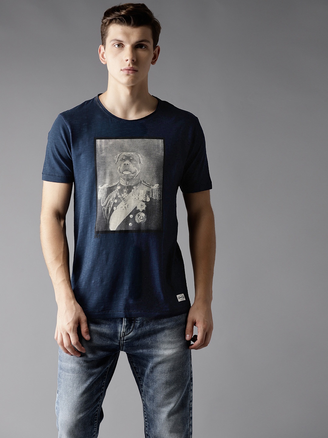 

Flying Machine Men Navy Blue Printed Round Neck Pure Cotton T-shirt