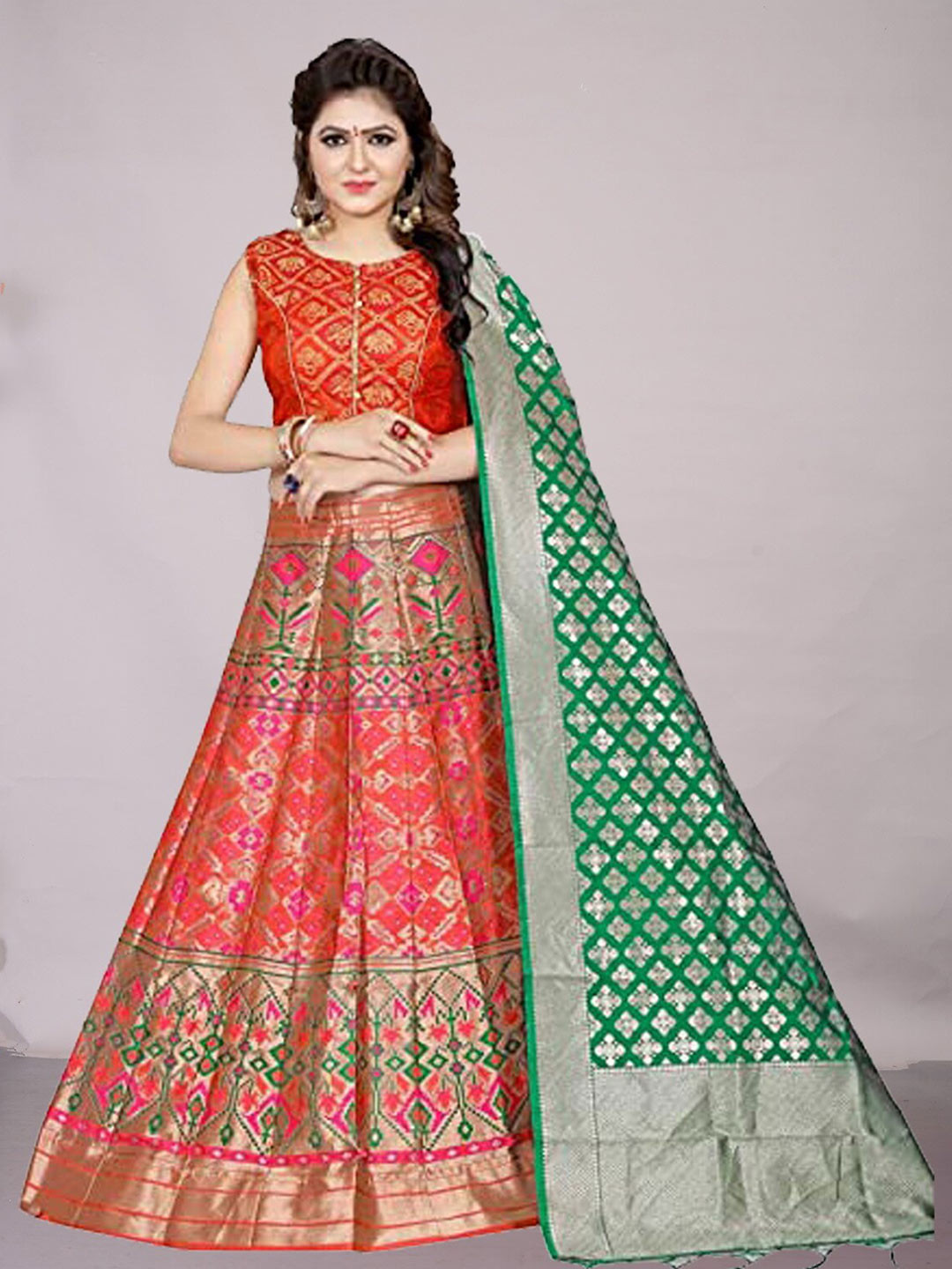 

Ekta Textiles Pink And Green Semi-Stitched Lehenga And Unstitched Blouse With Dupatta