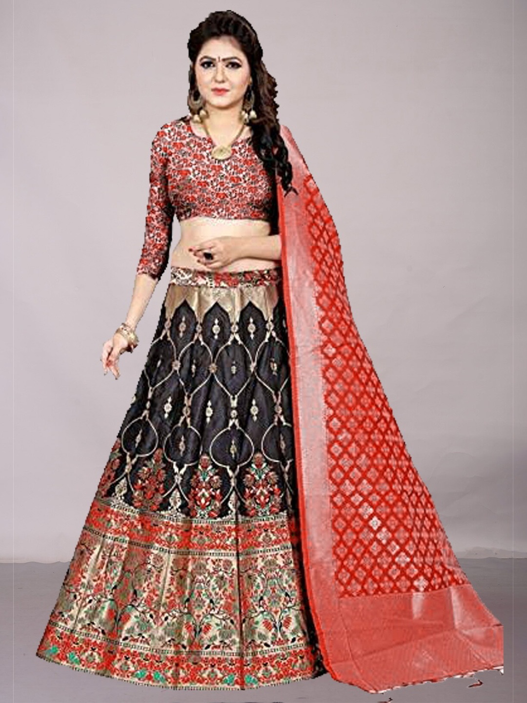 

Ekta Textiles Black & Red Semi-Stitched Lehenga & Unstitched Blouse With Dupatta