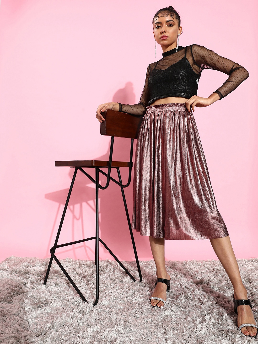 

Moda Rapido Flashy Rose Gold Party Lity Gathered Metallic Sheen A-Line Midi Skirt