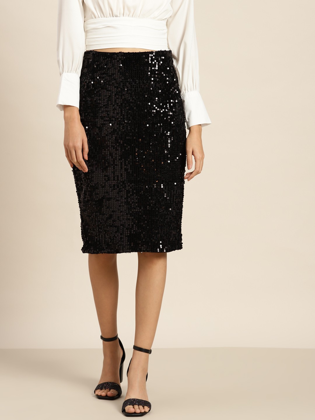 

Moda Rapido Women Embellished Sequinned Straight Skirt, Black