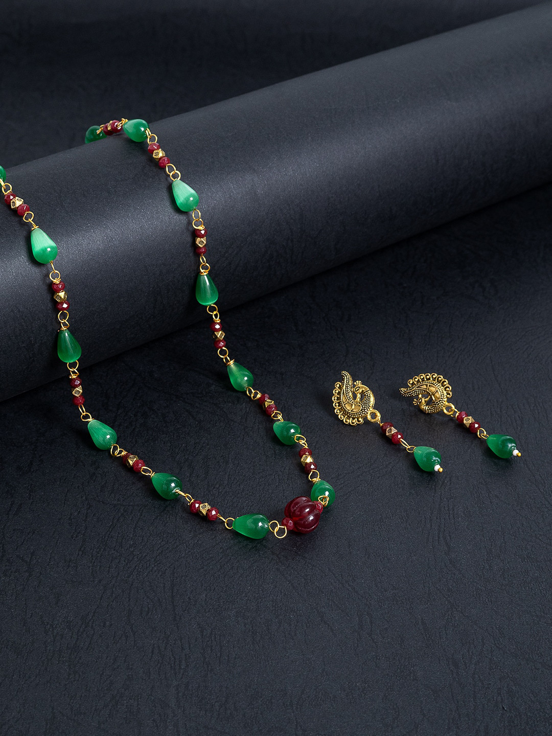 

Golden Peacock Artificial Stones & Beads-Studded Jewellery Set, Green