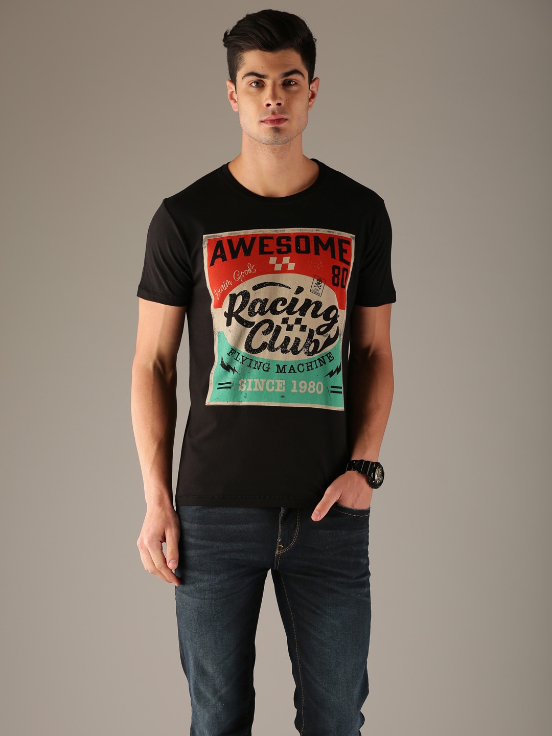 

Flying Machine Men Black Printed Round Neck Pure Cotton T-shirt