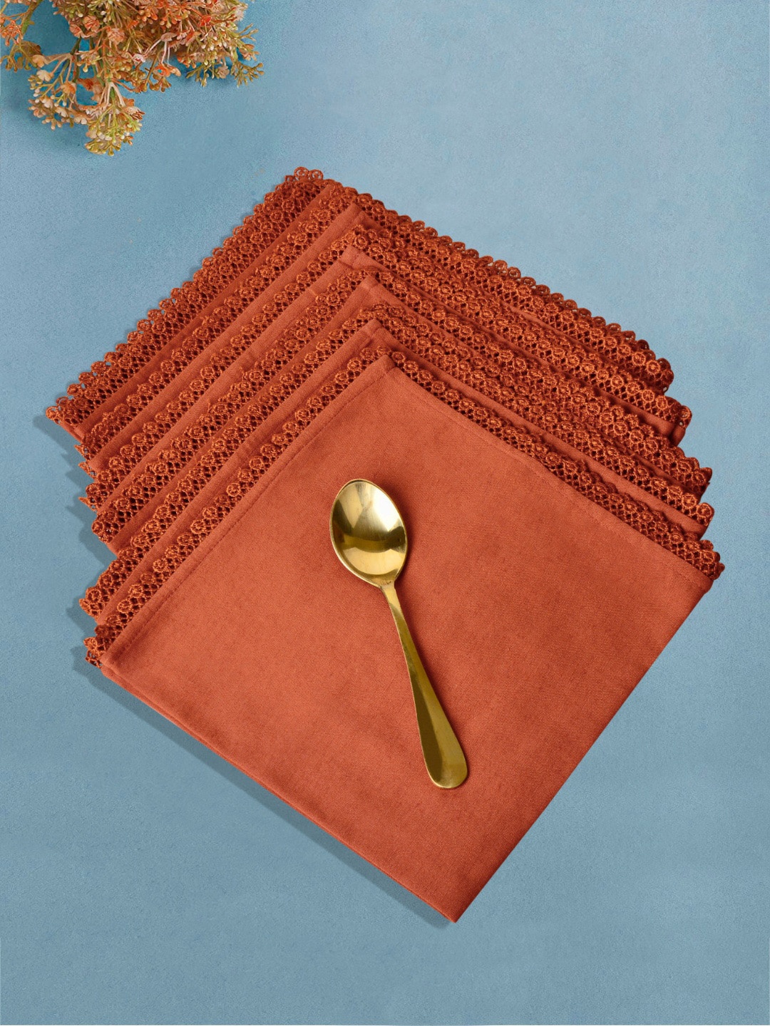 

StyleMyWay Set Of 6 Solid Crochet Cotton Table Napkins, Rust