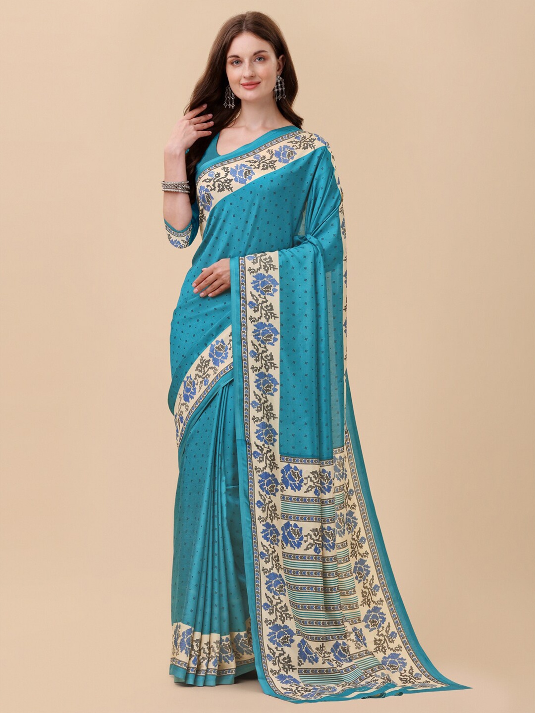 

Sangria Floral Pure Crepe Saree, Blue