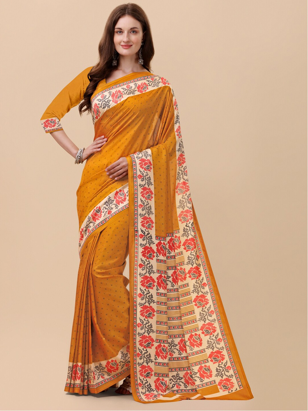 

Sangria Floral Pure Crepe Saree, Mustard