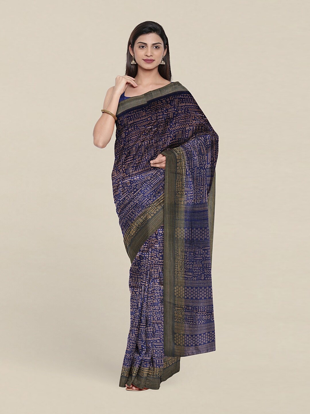 

Pothys Blue & Mustard Geometric Printed Zari Saree