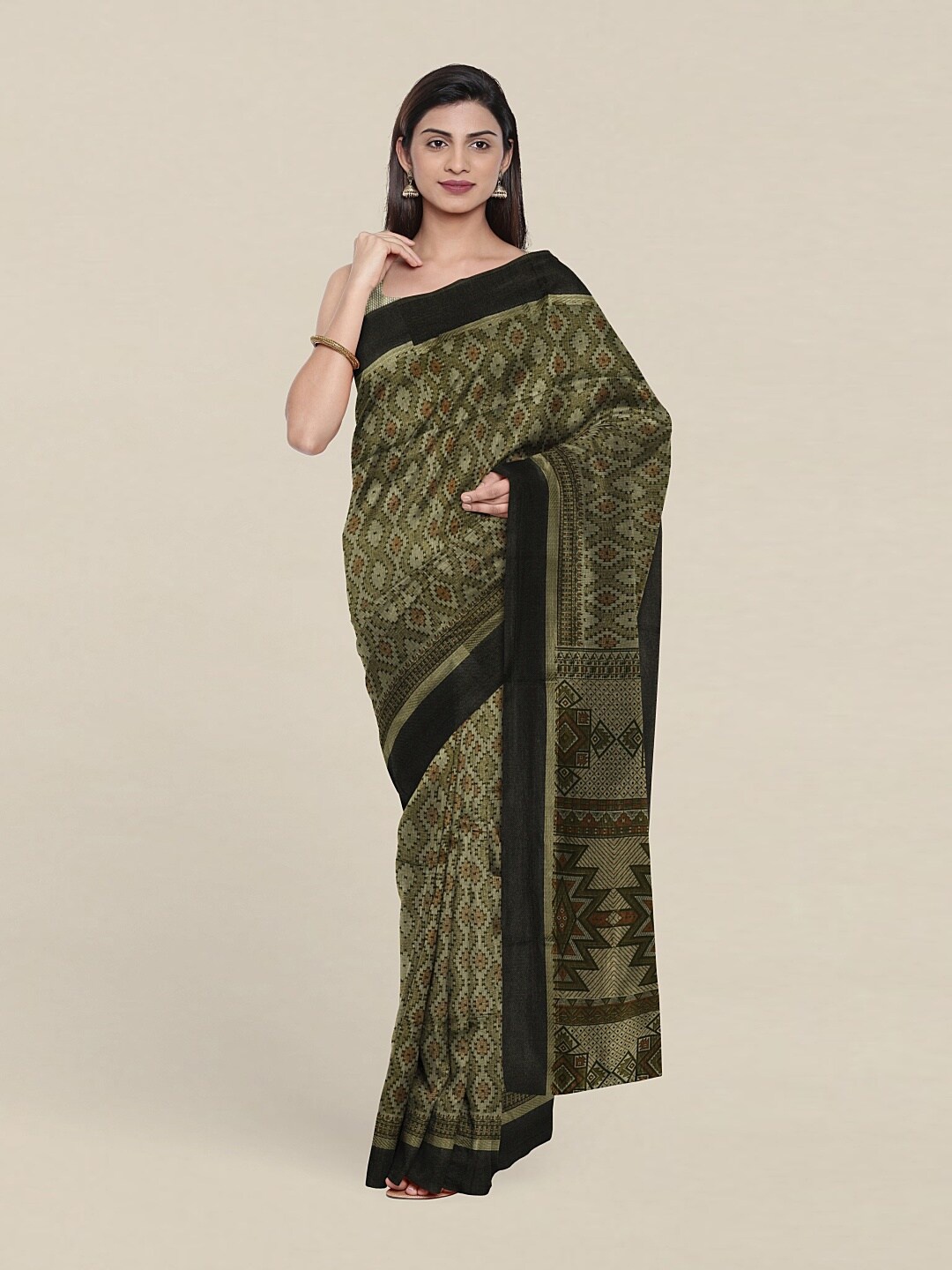 

Pothys Green & Brown Geometric Printed Saree