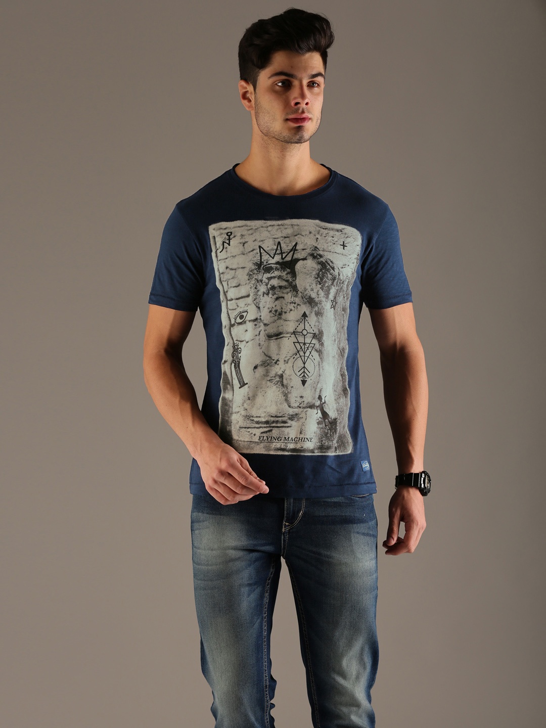 

Flying Machine Men Navy Printed Round Neck Pure Cotton T-shirt, Navy blue