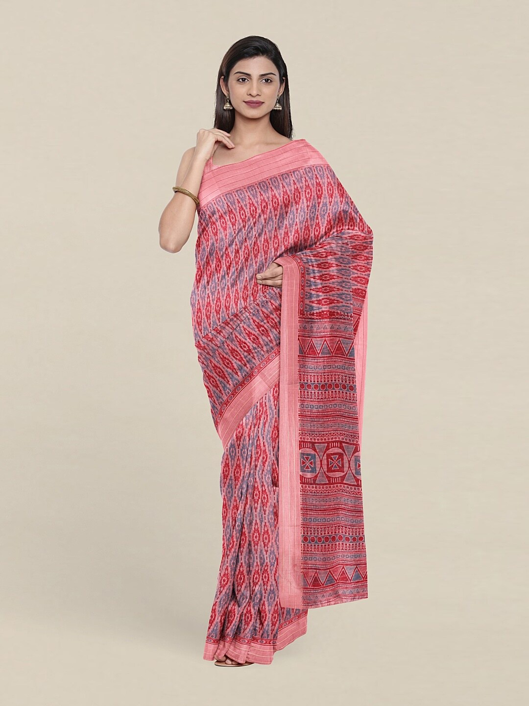 

Pothys Pink & Red Geometric Printed Saree