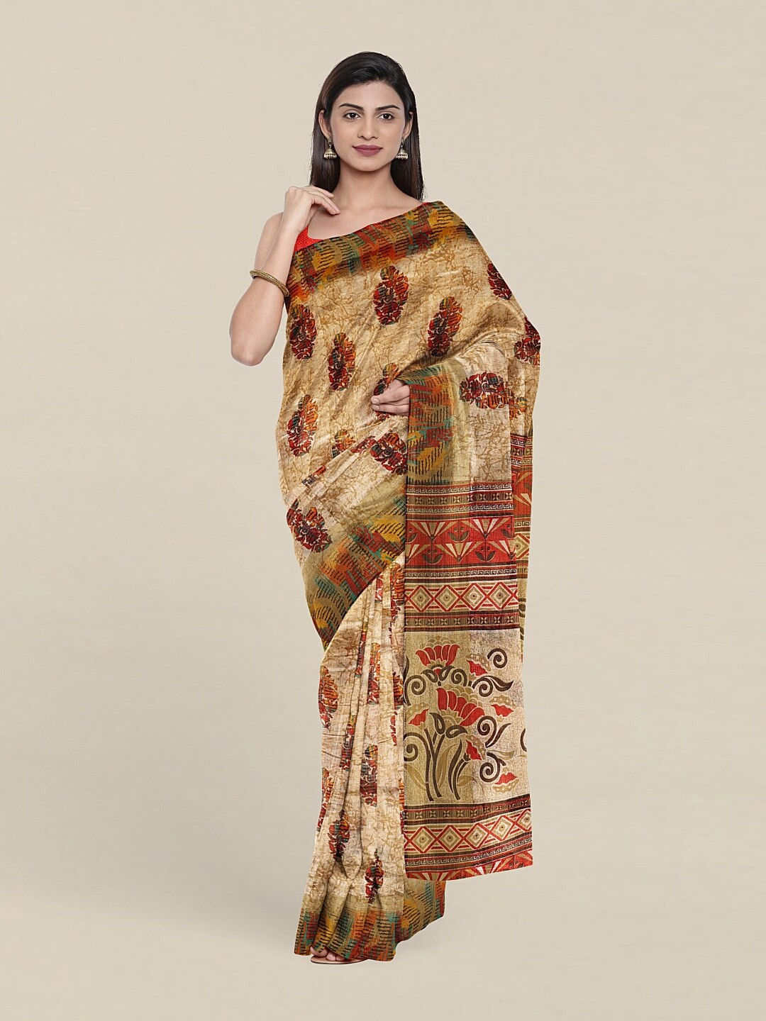 

Pothys Cream-Coloured & Red Floral Printed Saree