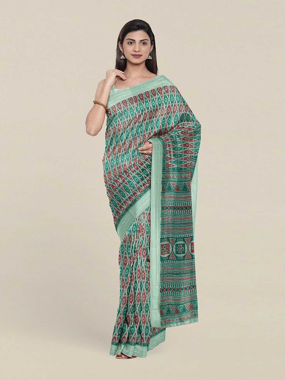 

Pothys Green & Red Ethnic Motifs Cotton Blend Saree With Blouse Piece, Sea green