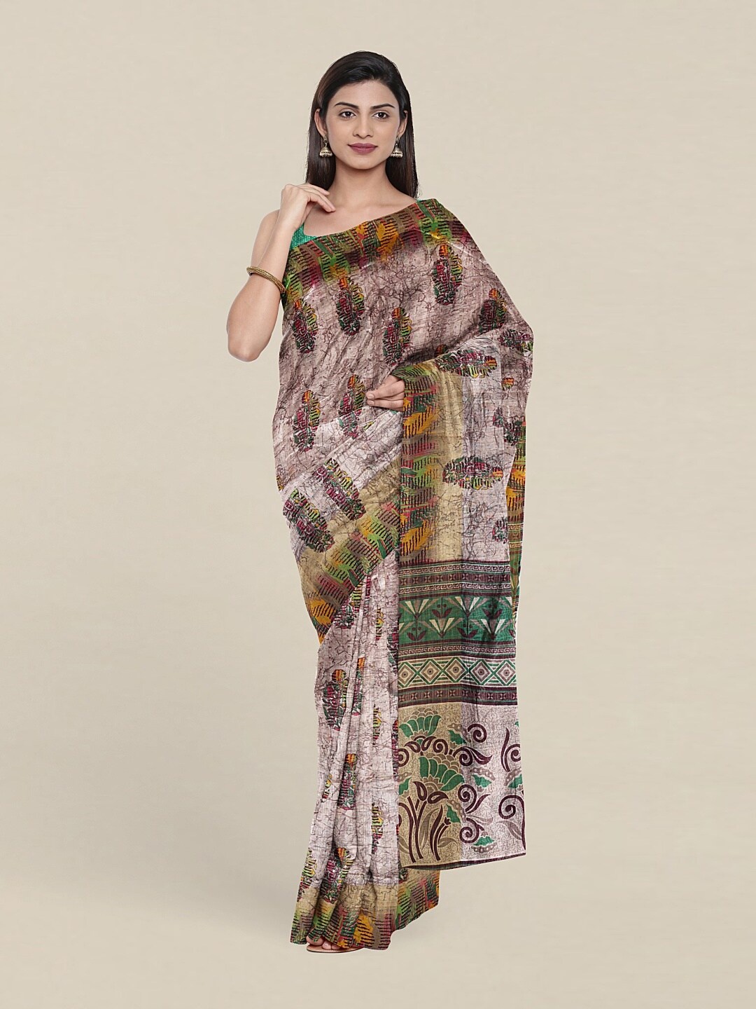 

Pothys Beige & Green Ethnic Motifs Saree