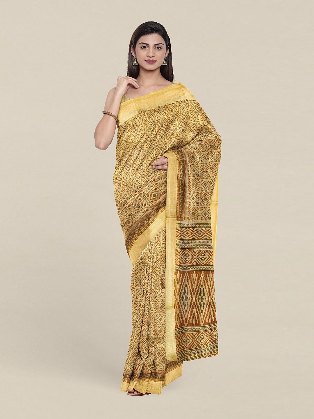 

Pothys Yellow & Brown Geometric Printed Saree