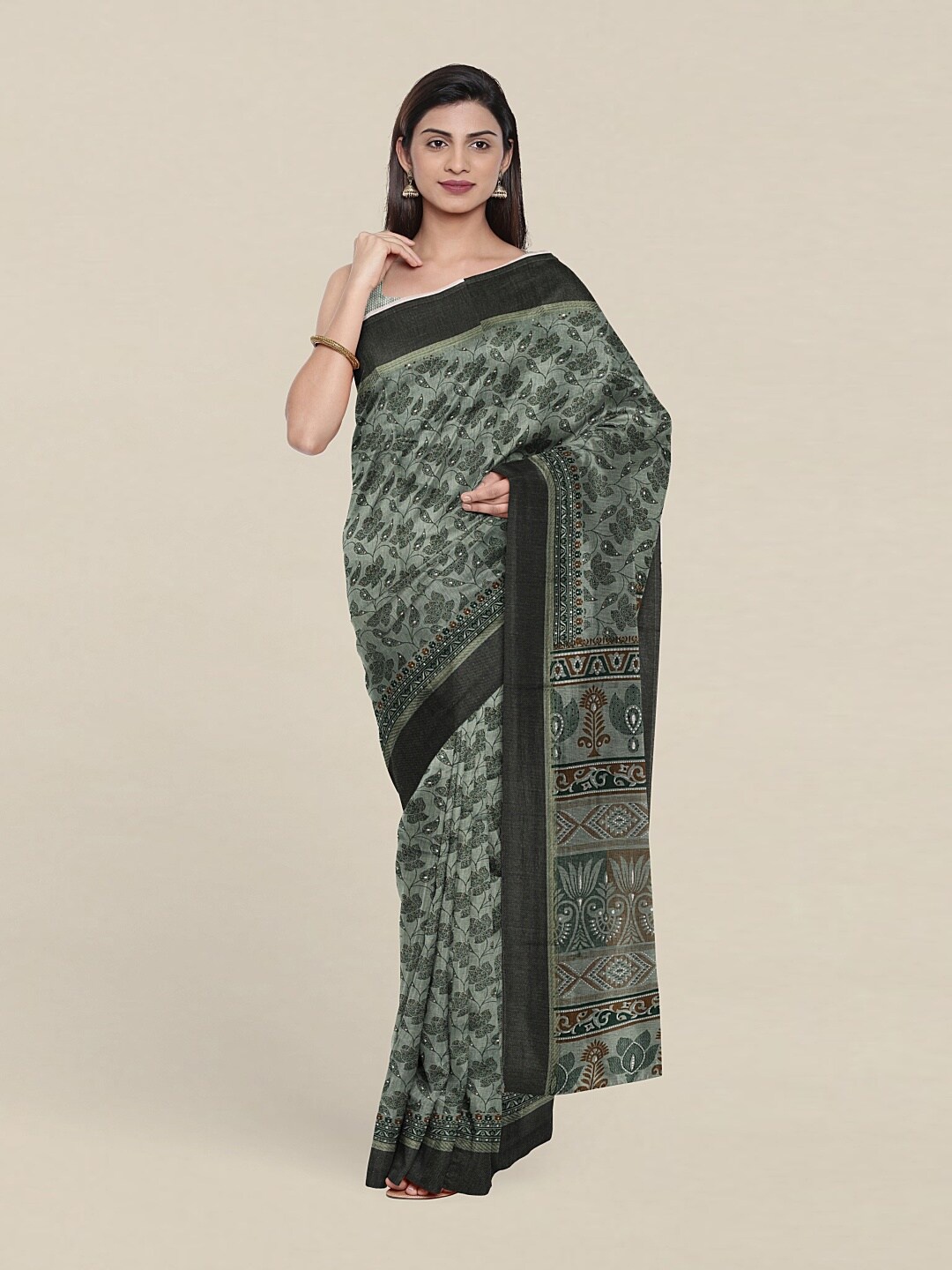 

Pothys Green & Black Floral Printed Saree