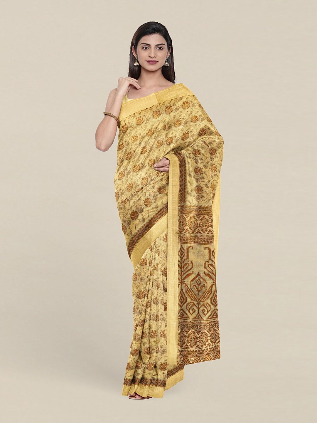 

Pothys Yellow & Brown Ethnic Motifs Printed Saree
