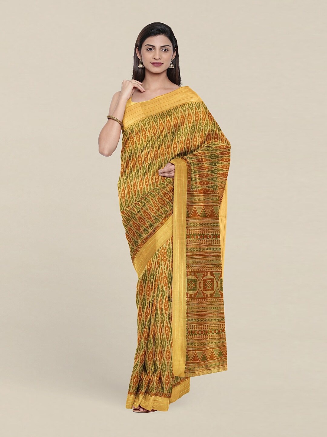 

Pothys Yellow & Red Ethnic Motifs Cotton Blend Saree