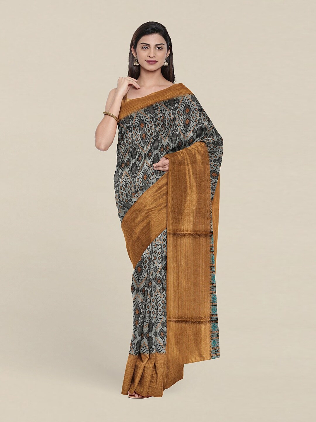 

Pothys Grey & Blue Cotton Blend Zari Saree