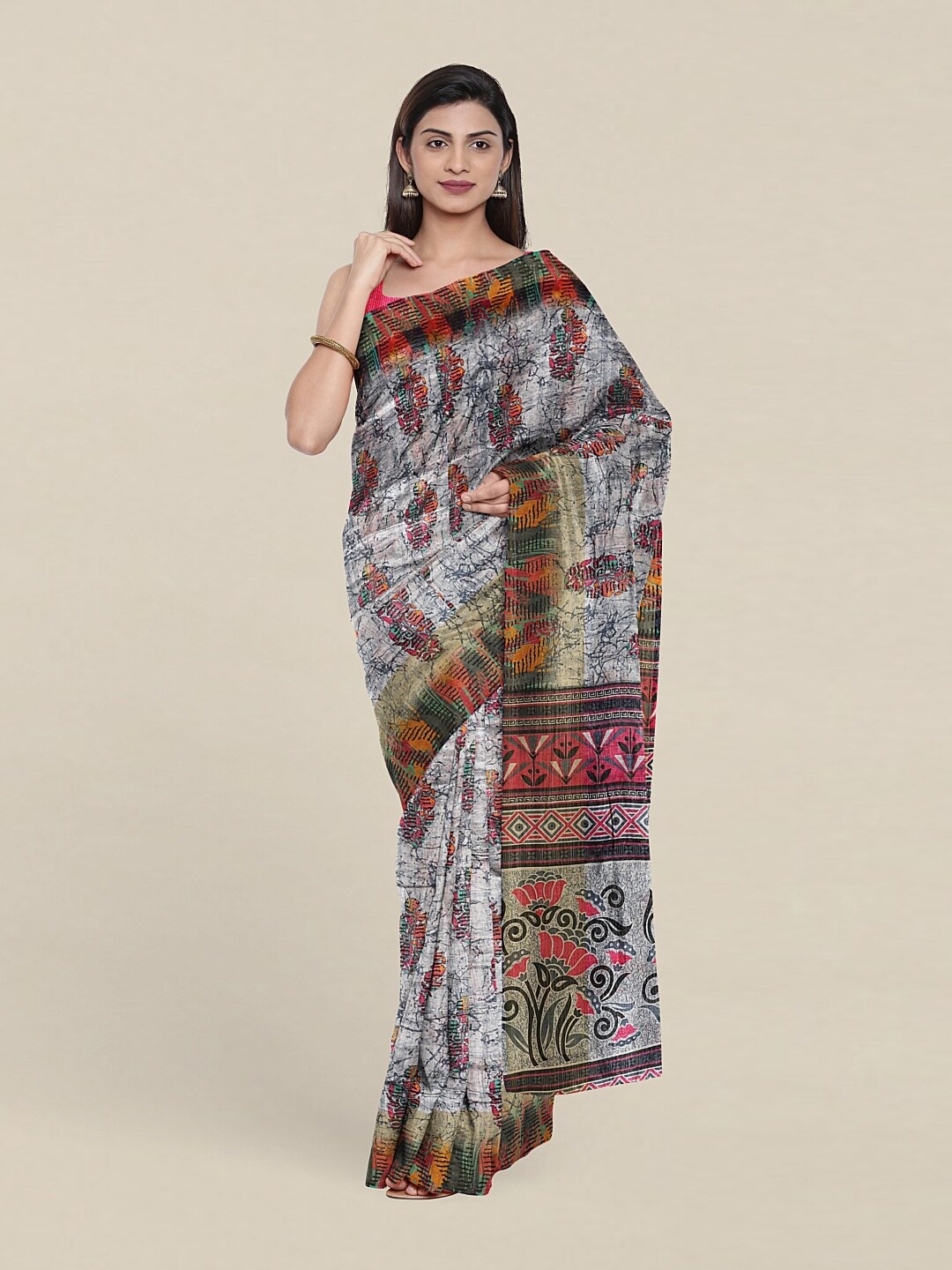 

Pothys Grey & Pink Floral Printed Saree
