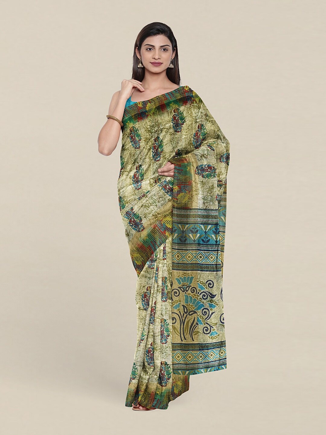 

Pothys Green & Blue Printed Cotton Blend Saree With Blouse Piece