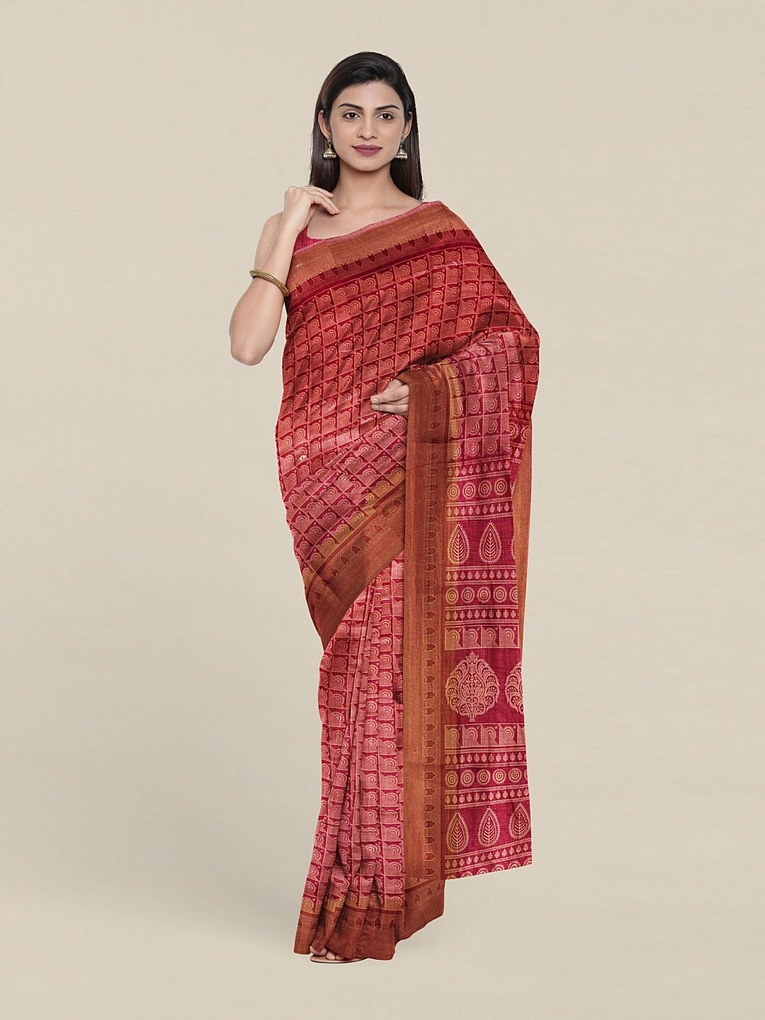 

Pothys Red & Copper-Toned Printed Zari Cotton Blend Saree With Blouse Piece