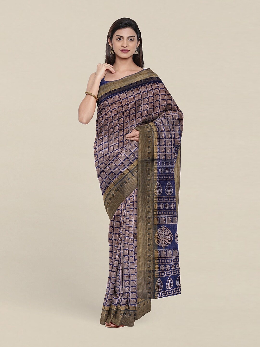 

Pothys Navy Blue And Gold Toned Ethnic Motifs Woven Design Zari Border Saree