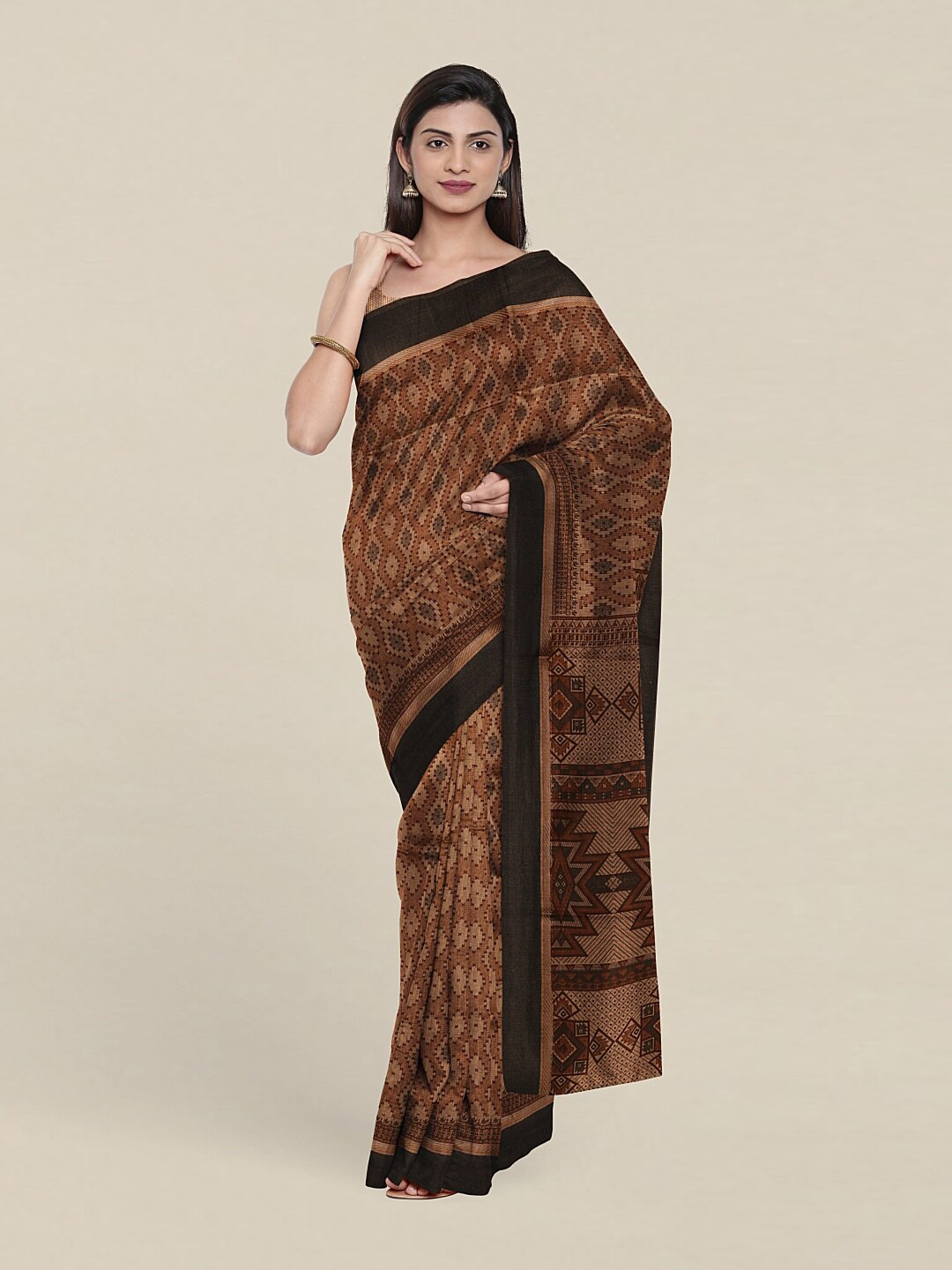

Pothys Brown & Black Cotton Printed Blend Saree With Blouse Piece