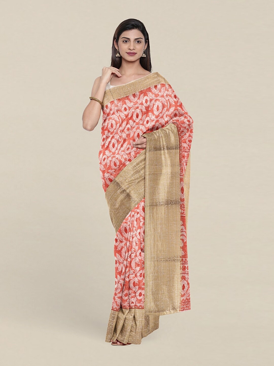 

Pothys Peach-Coloured & White Floral Printed Zari Saree
