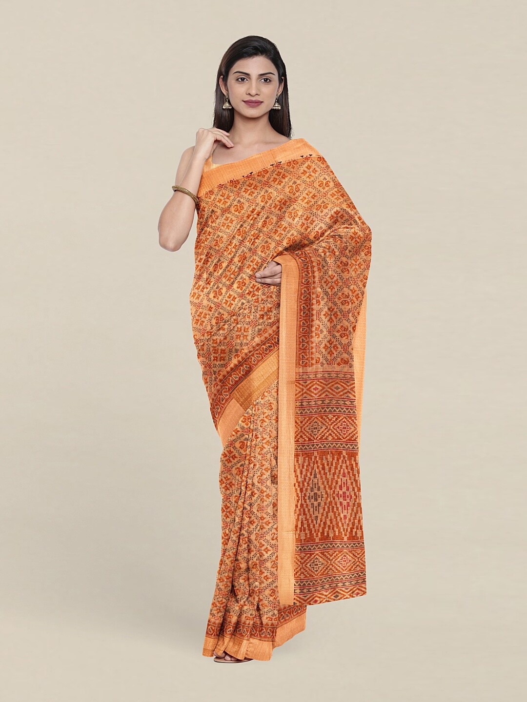 

Pothys Peach-Coloured & Orange Ethnic Motifs Printed Cotton Blend Saree