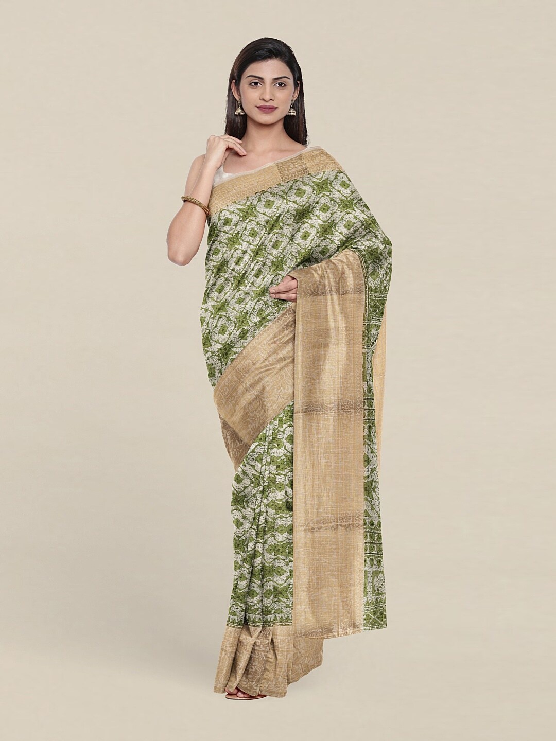 

Pothys Green & Gold-Toned Floral Printed Zari Saree