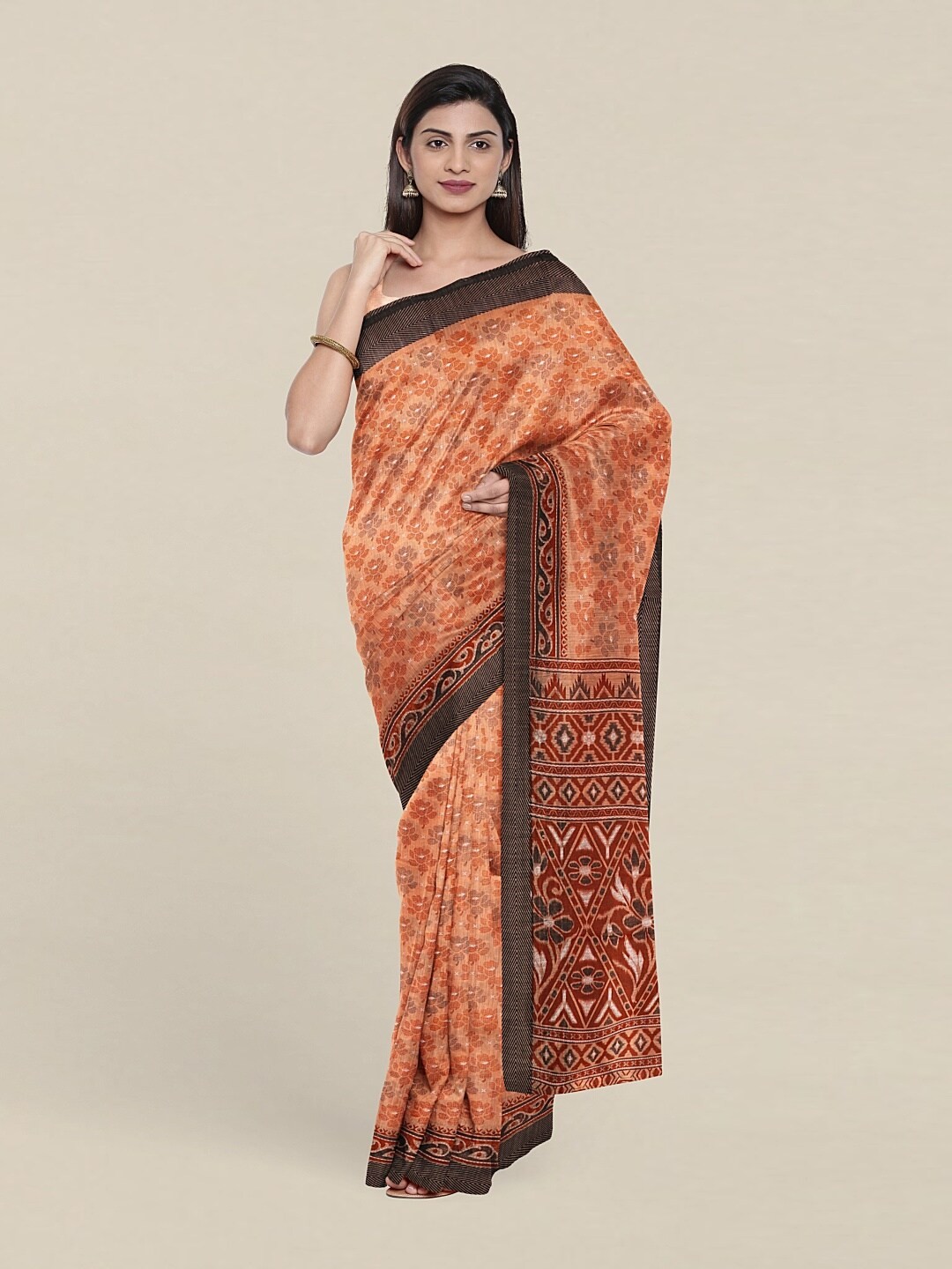 

Pothys Peach-Coloured & White Floral Zari Saree