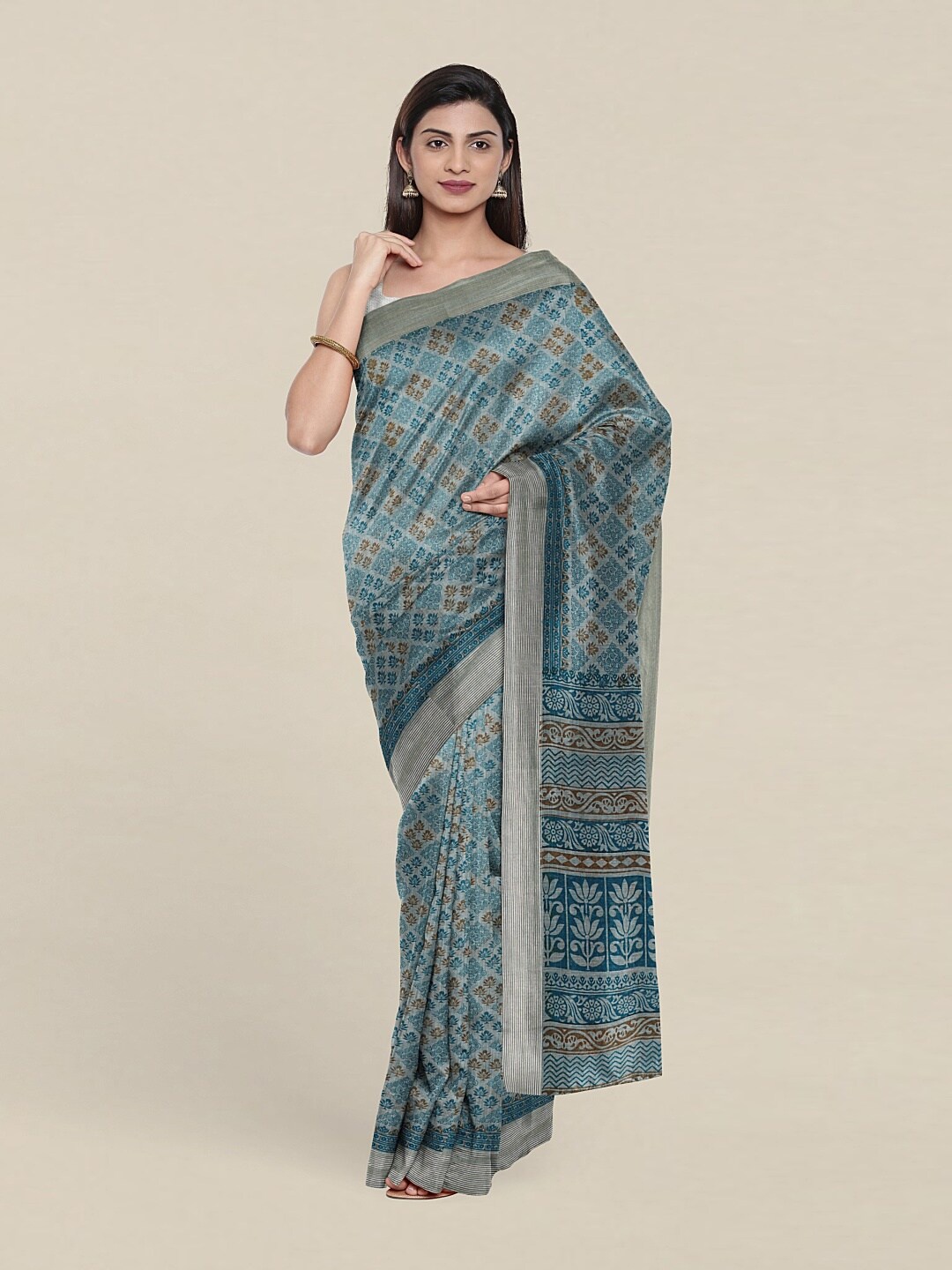 

Pothys Blue & Brown Floral Printed Cotton Blend Zari Saree