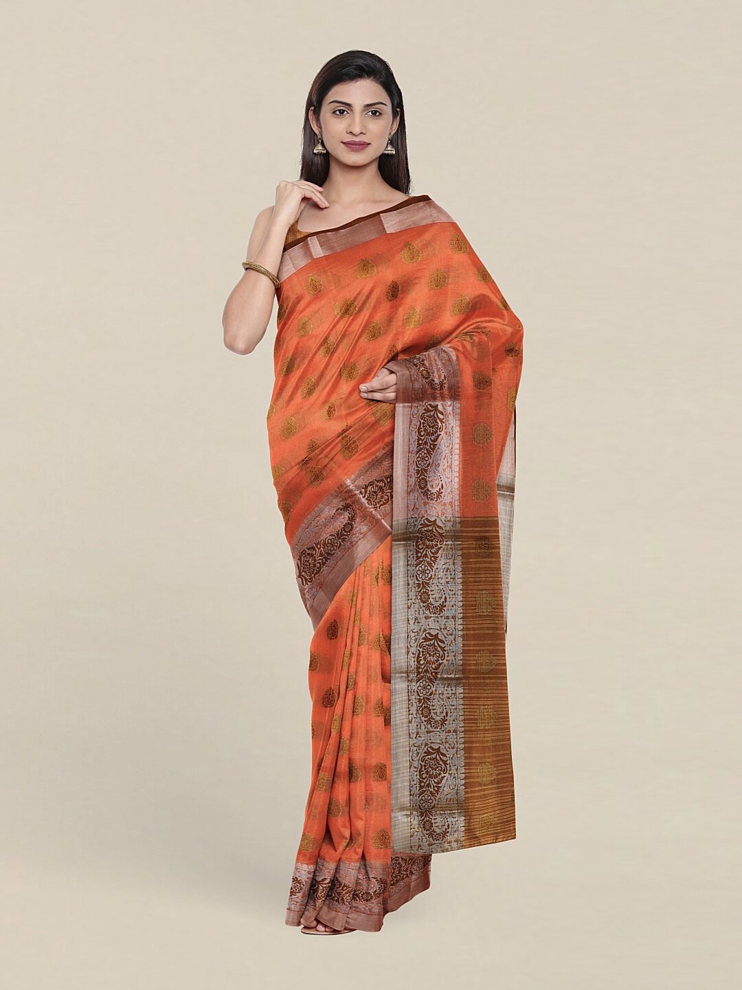 

Pothys Orange & Brown Woven Design Cotton Blend Saree