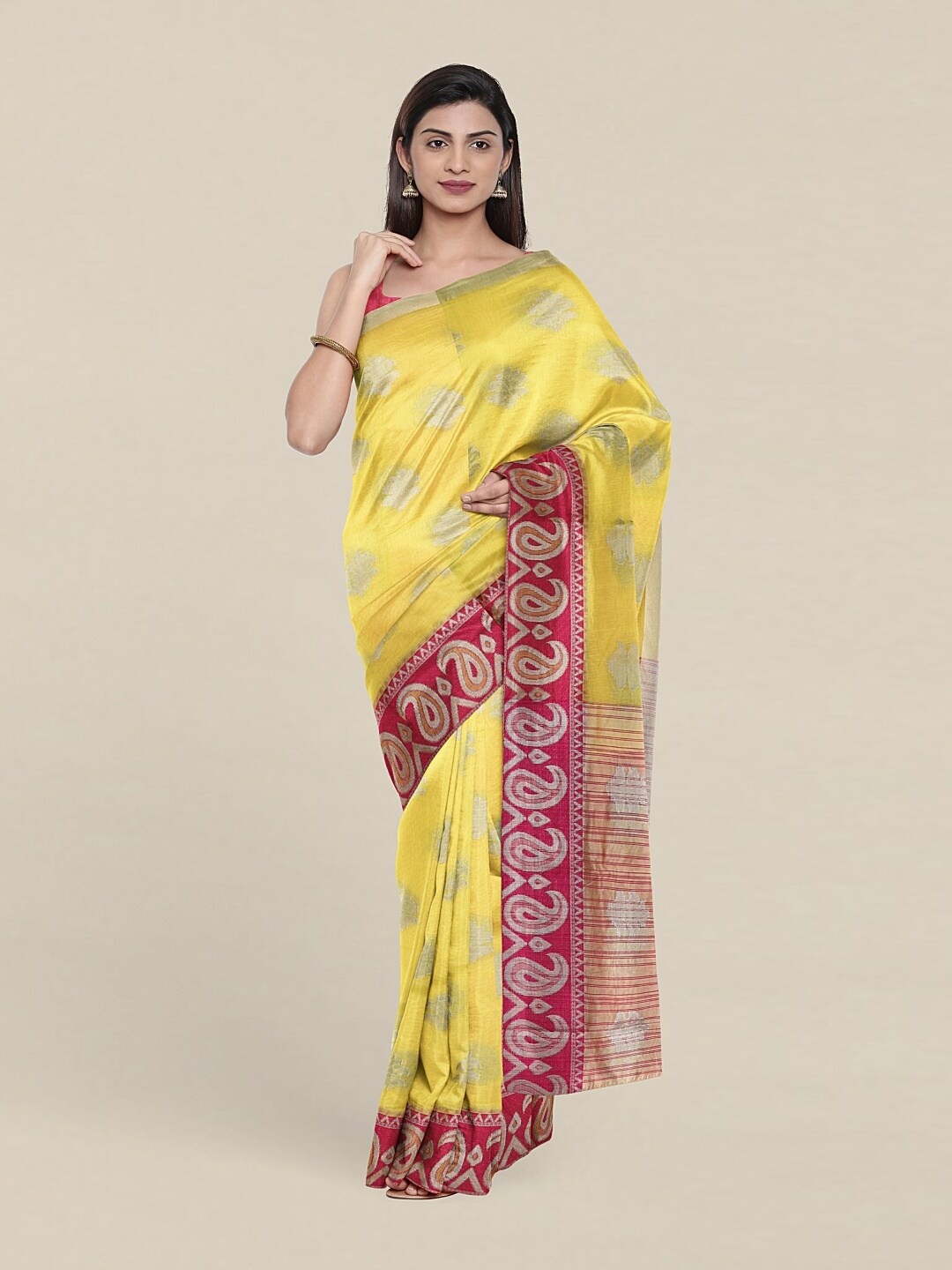 

Pothys Yellow & Pink Paisley Woven Design Zari Saree