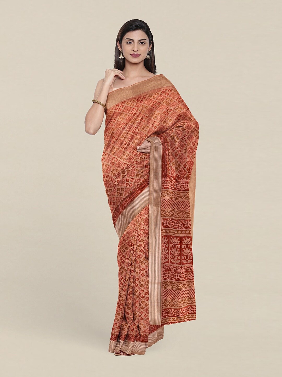 

Pothys Peach And Brown Ethnic Motifs Print Zari Border Saree