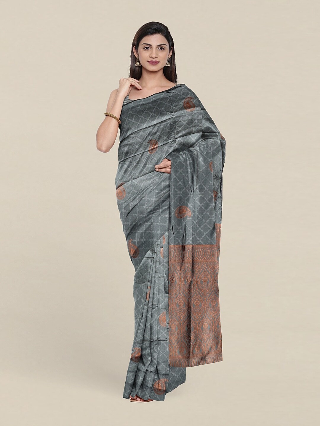 

Pothys Grey & Copper-Toned Woven Design Zari Saree