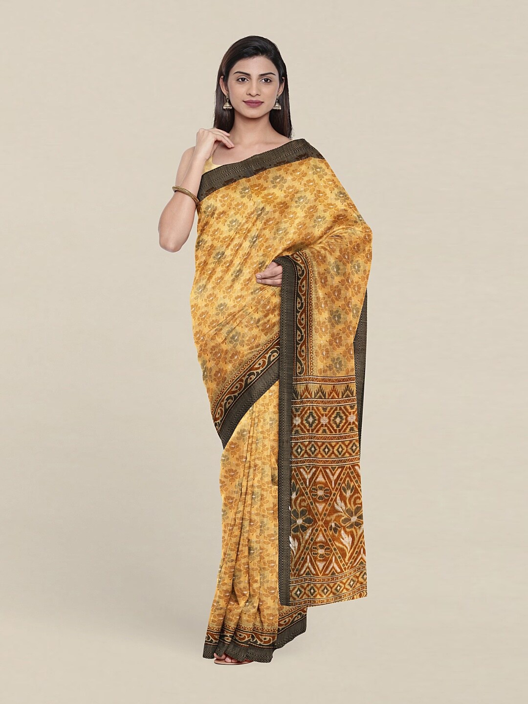 

Pothys Yellow & Black Printed Cotton Blend Saree