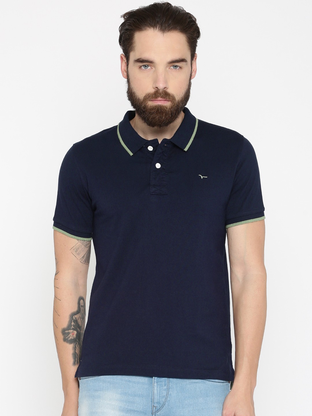 

Flying Machine Men Navy Solid Polo Collar Pure Cotton T-shirt, Navy blue