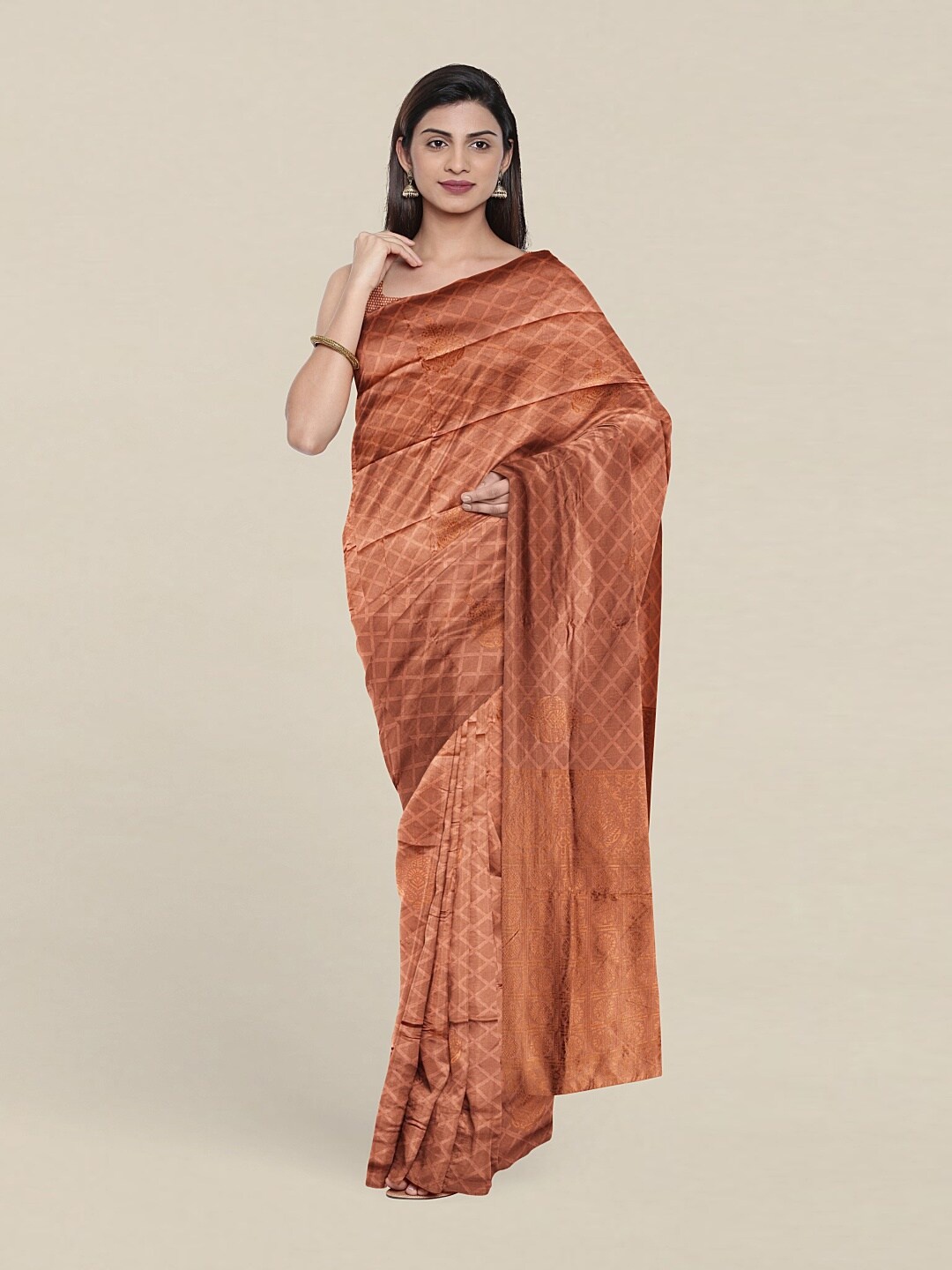 

Pothys Peach-Coloured & Copper-Toned Ethnic Motifs Zari Saree