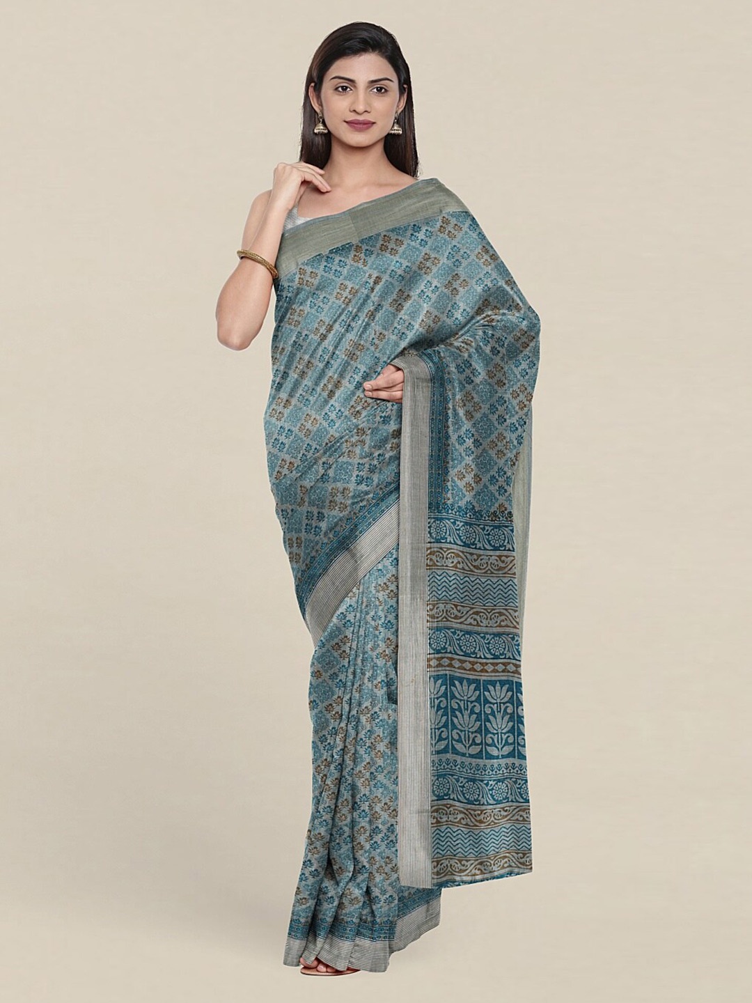 

Pothys Blue & Brown Ethnic Motifs Zari Saree