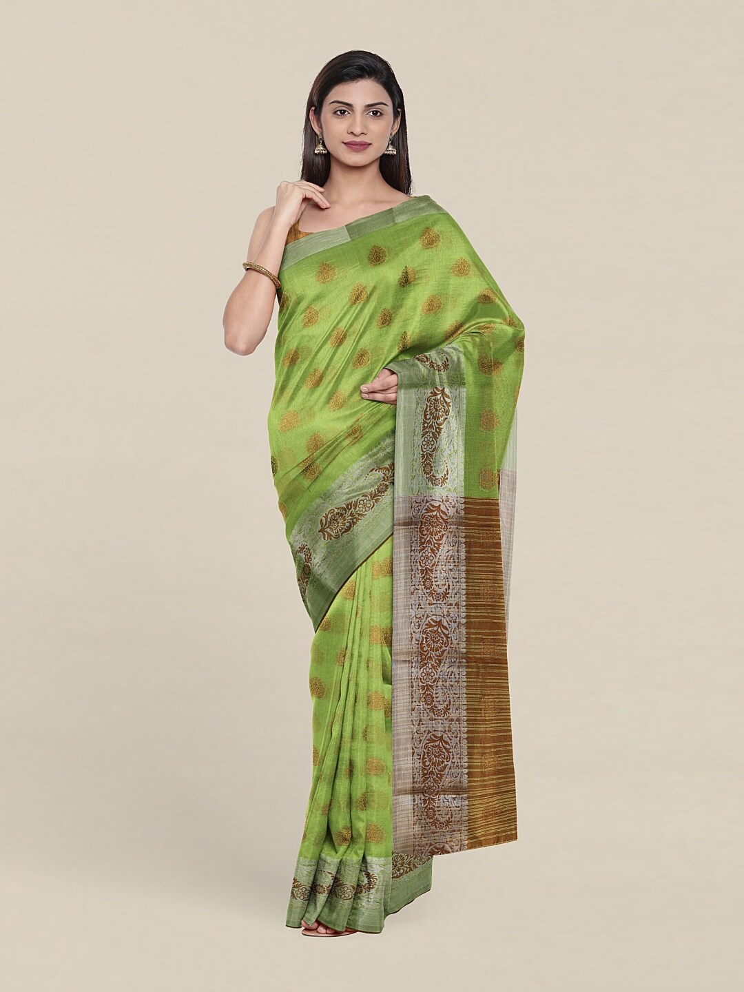 

Pothys Green & Brown Woven Design Zari Cotton Blend Saree