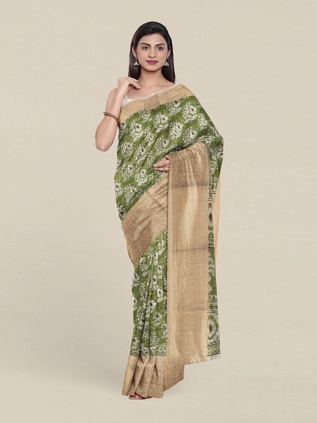 

Pothys Green & Gold-Toned Floral Zari Saree