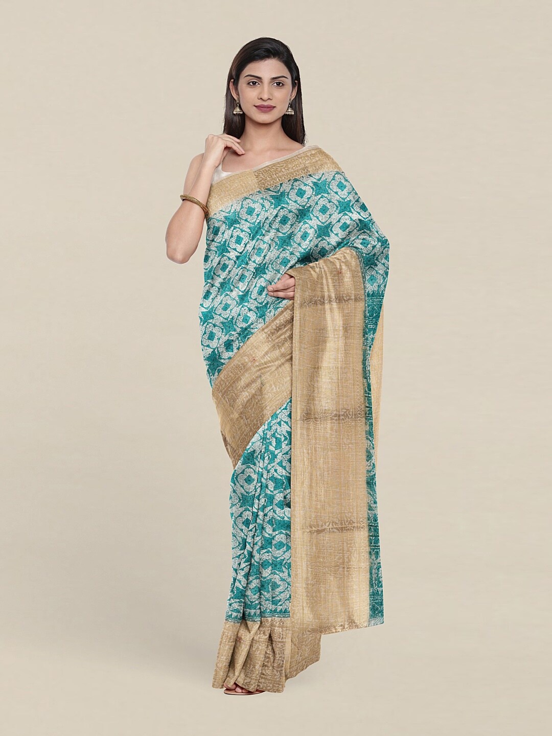 

Pothys Blue And Gold Toned Geometric Print Zari Woven Design Border Saree