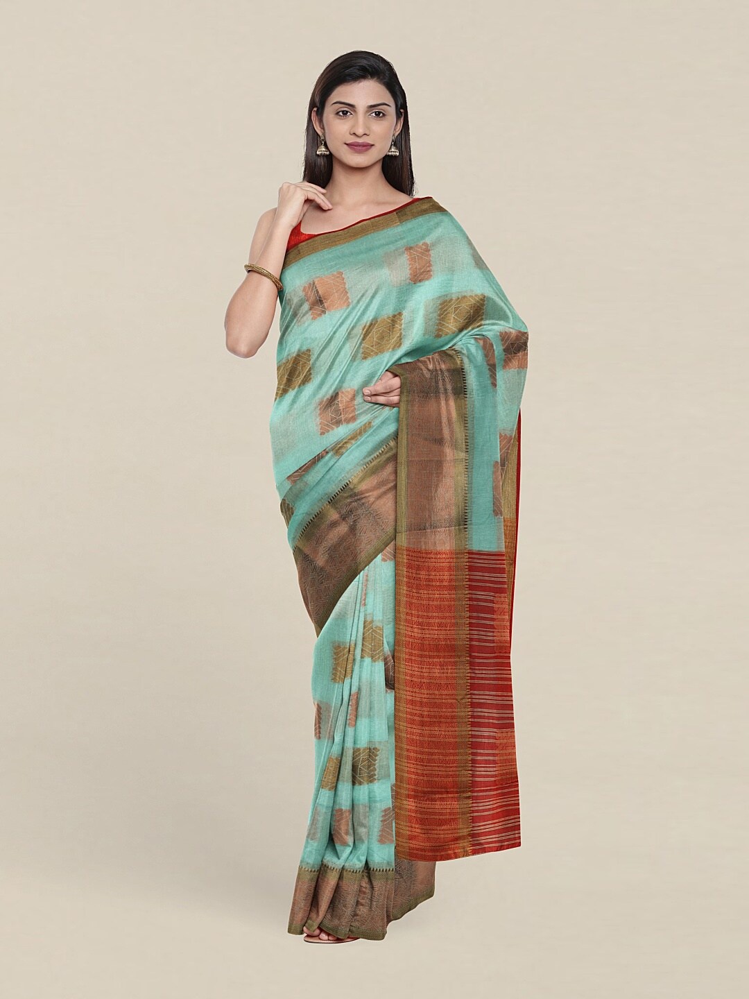 

Pothys Green & Gold-Toned Woven Design Zari Saree