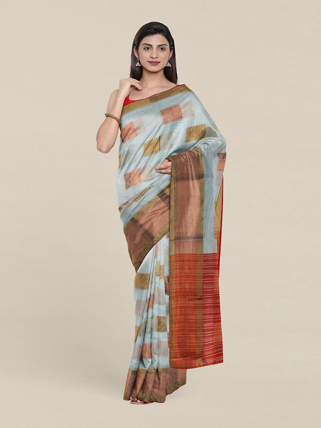 

Pothys Blue And Red Geometric Woven Design Zari Saree