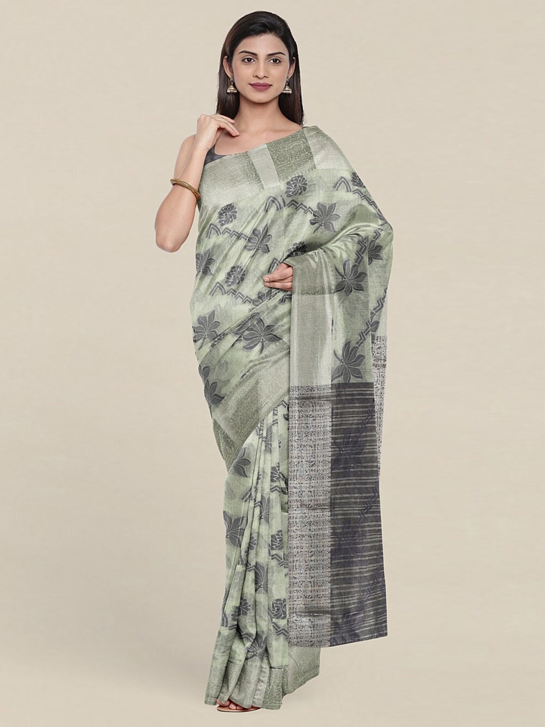 

Pothys Green & Silver-Toned Printed Cotton Blend Saree