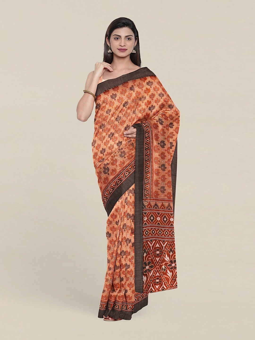 

Pothys Peach-Coloured & Black Floral Printed Saree