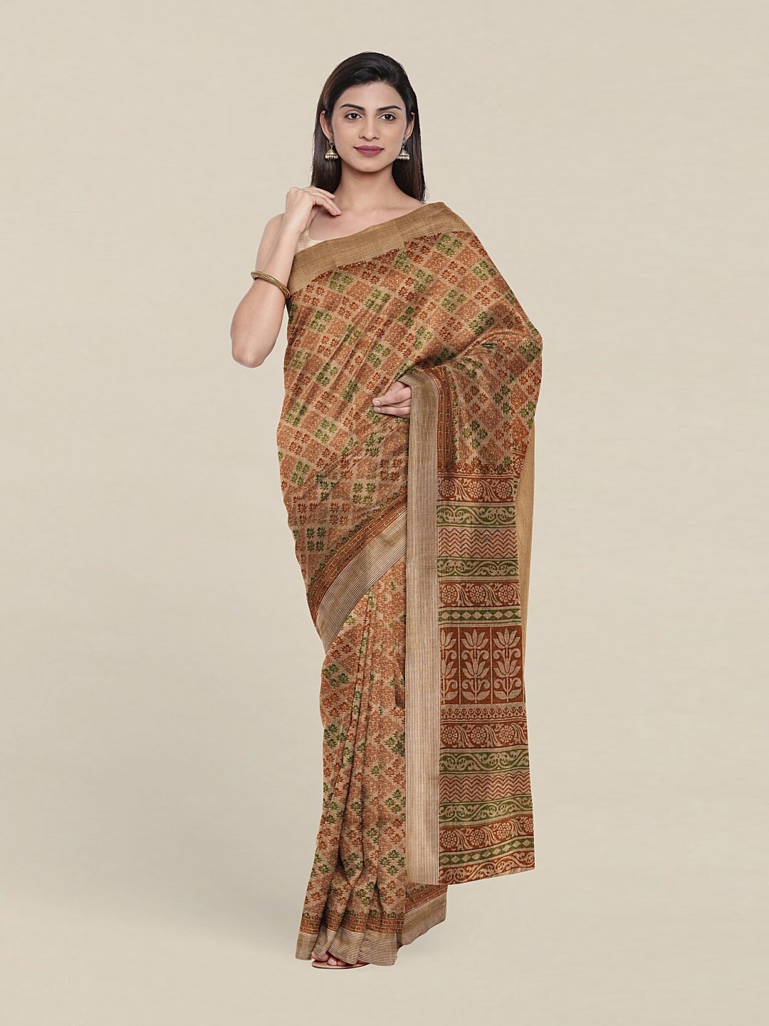 

Pothys Tan & Green Floral Printed Zari Saree